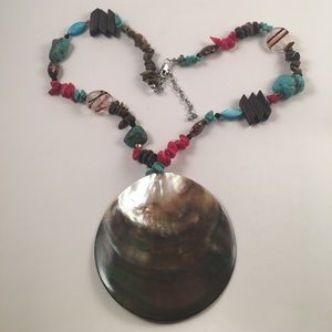 Large Shell Turquoise Blue and Red 21-24” Necklace
